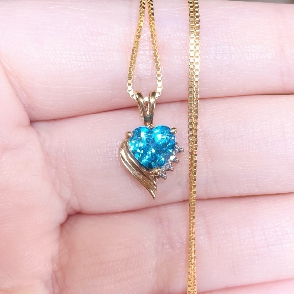 london blue topaz heart cut 10k solid yellow gold open heart diamond pendant - Picture 3 of 9